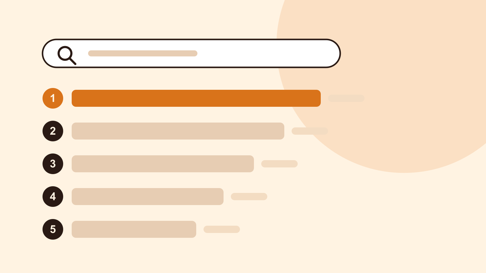 A search bar above five ranked horizontal bars numbered one to five, with the first bar in orange, on a cream background. An original illustration with no brand logos.