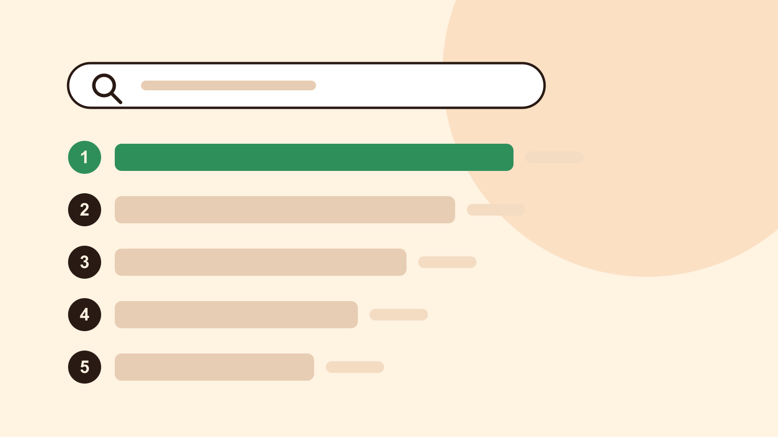 A search bar above five ranked horizontal bars numbered one to five, with the first bar in green, on a cream background. An original illustration with no brand logos.