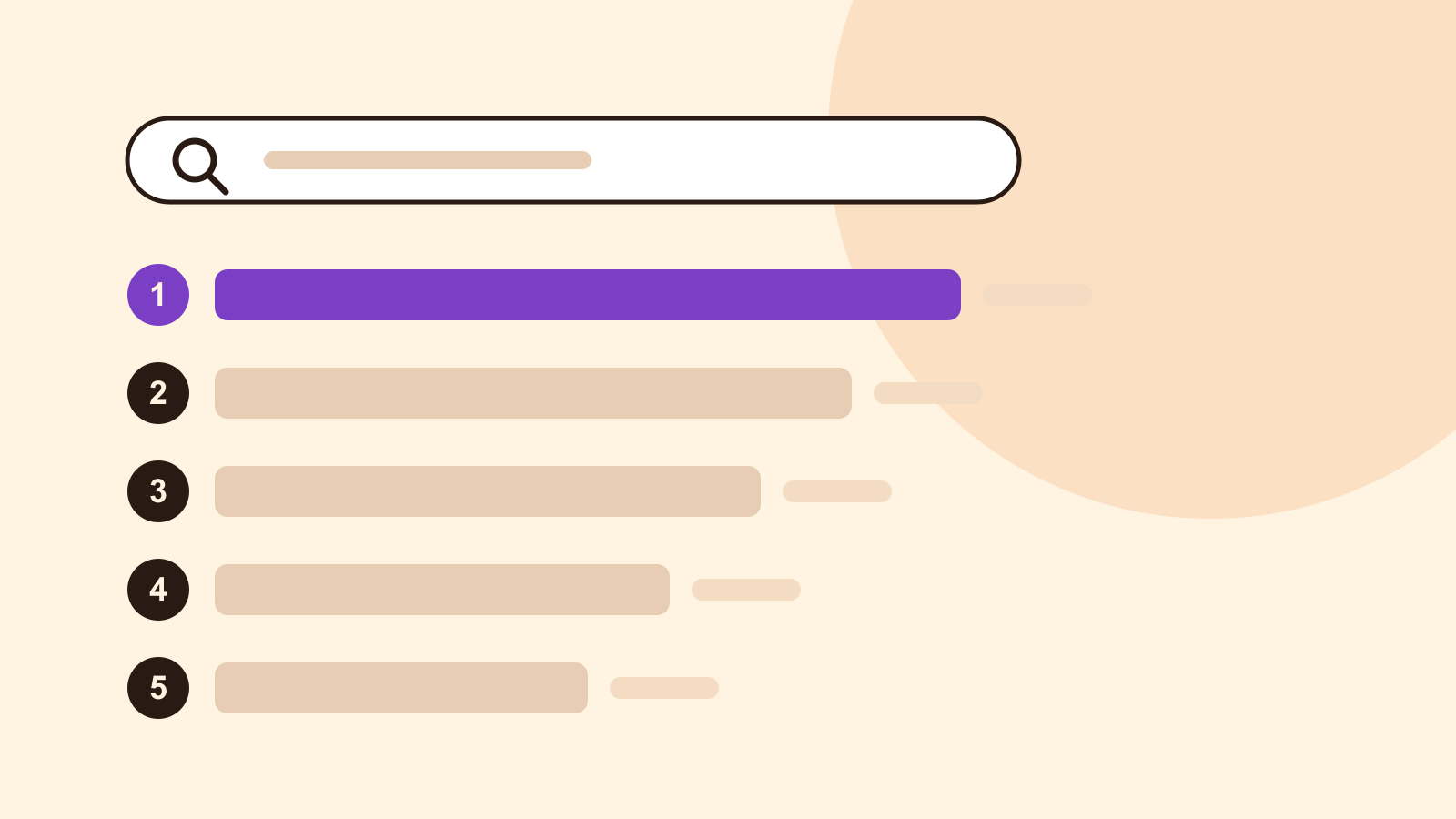 A search bar above five ranked horizontal bars numbered one to five, with the first bar in purple, on a cream background. An original illustration with no brand logos.