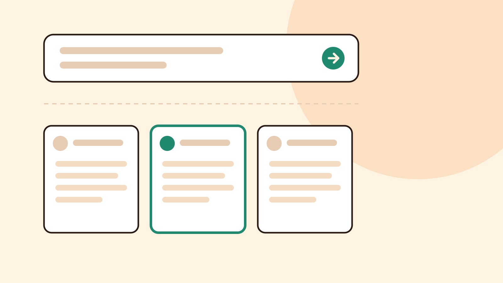 A chat prompt box above three source cards, one of them outlined in green, on a cream background. An original illustration with no brand logos.