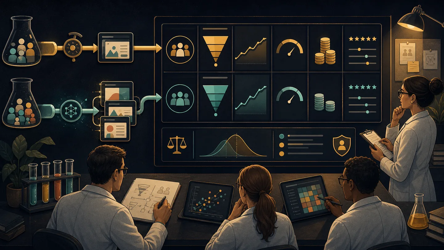 Illustration of marketers comparing a control campaign with an AI-assisted test using quality, conversion and cost measures