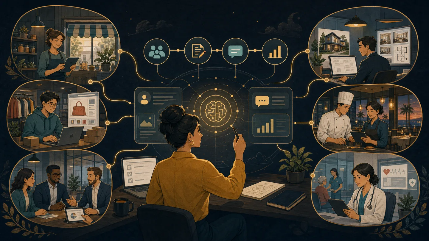Illustration of AI marketing use cases for small business, ecommerce, B2B, real estate, hospitality and healthcare teams