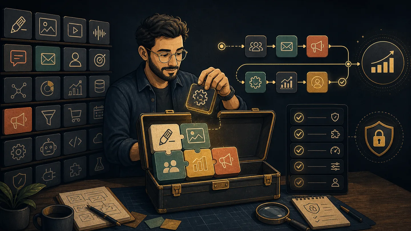 Illustration of a marketer selecting a compact AI marketing toolkit for content, creative, CRM, analytics and automation