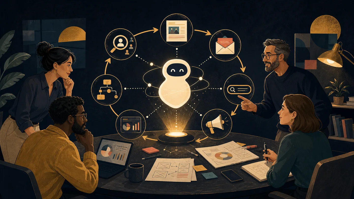 Illustration of marketers guiding an AI-assisted workflow through research, content, email, search, advertising and analytics