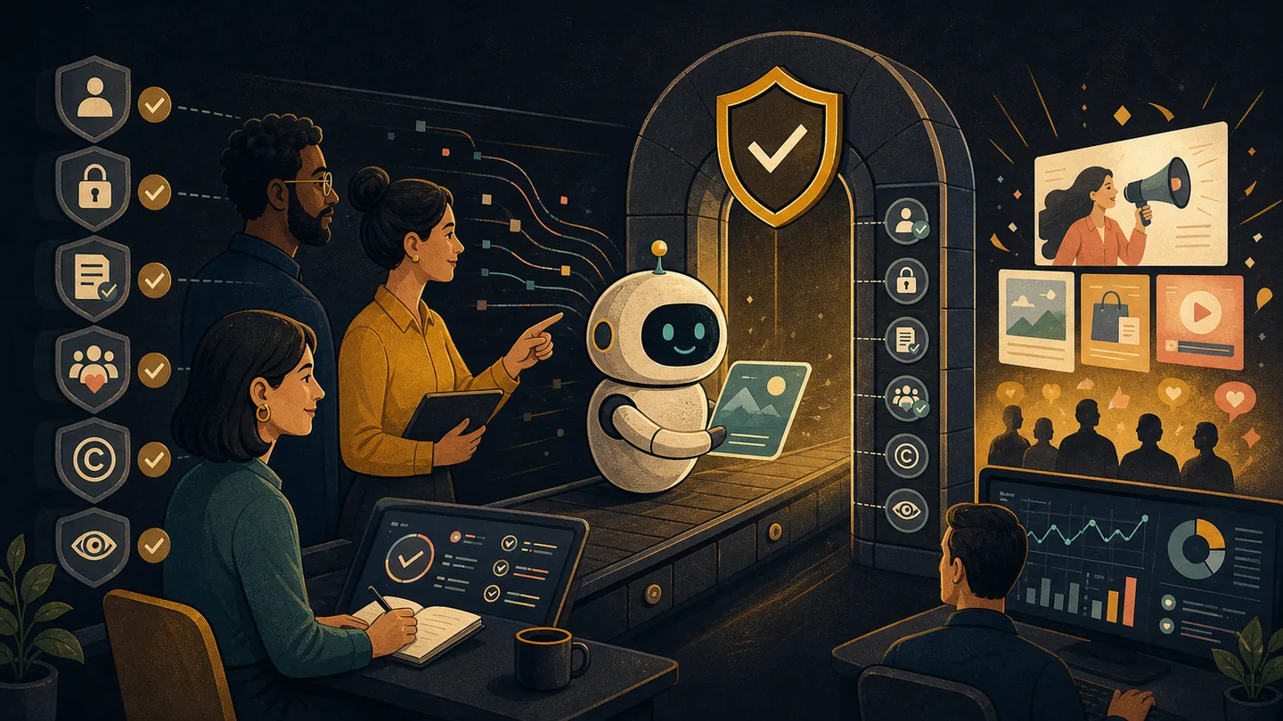 Illustration of a marketing team reviewing AI output for privacy, evidence, consent, copyright and brand safety before publication