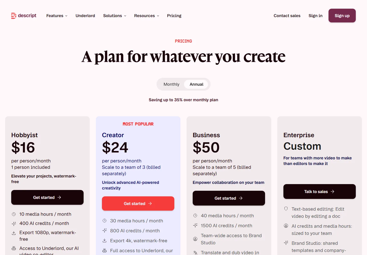 Descript pricing page showing its published plans and limits
