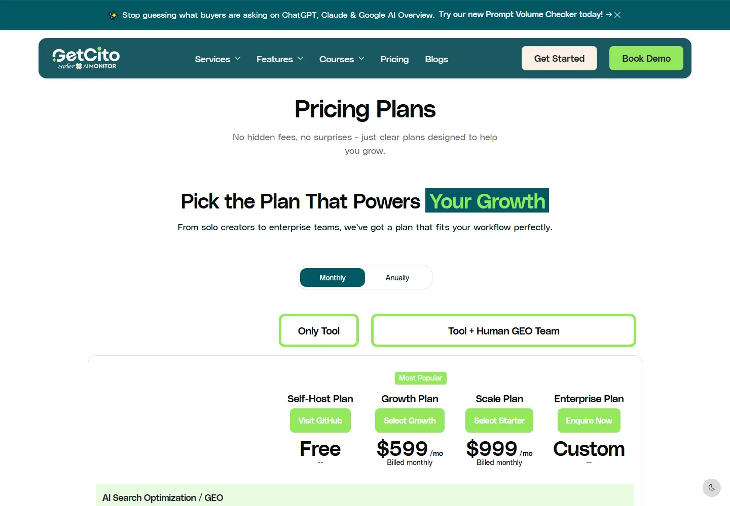 GetCito pricing page showing its published plans and limits