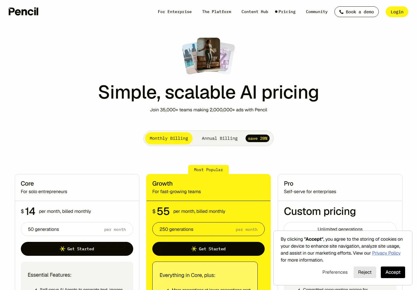 Pencil pricing page showing its published plans and limits