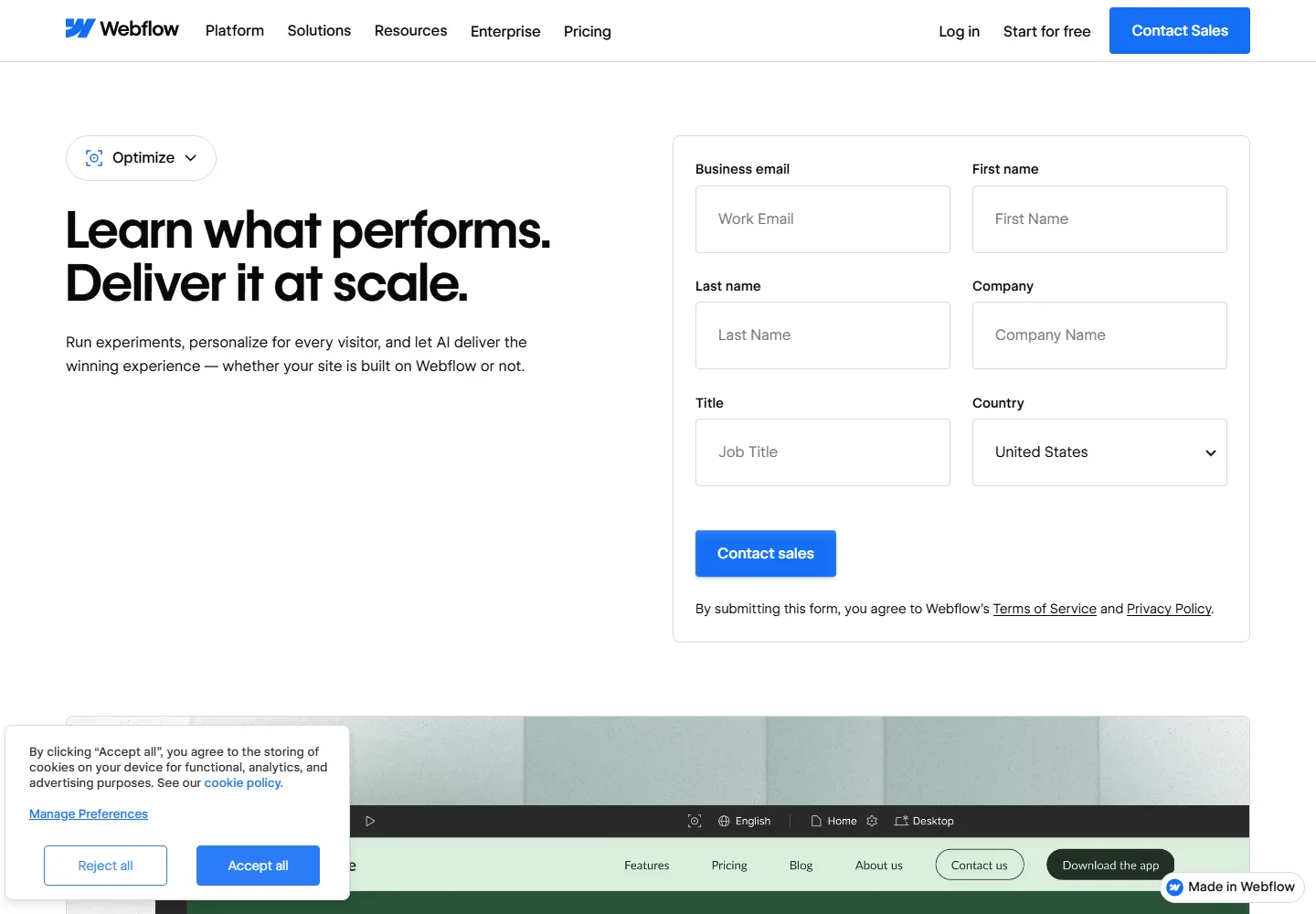 Webflow Optimize homepage as it appeared when we captured it