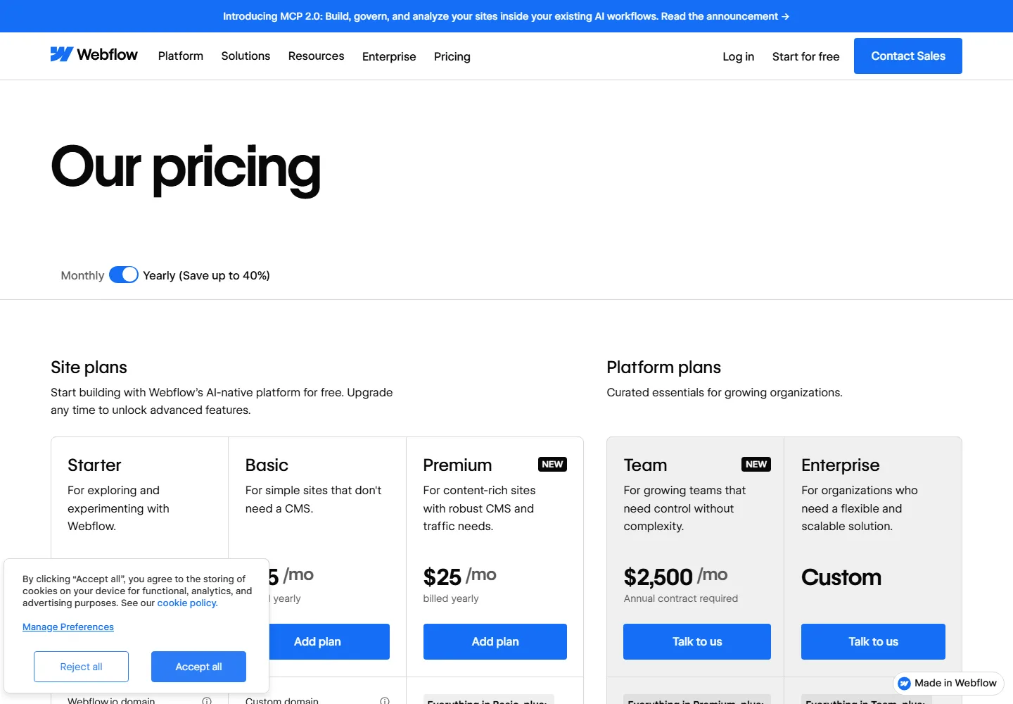 Webflow Optimize pricing page showing its published plans and limits