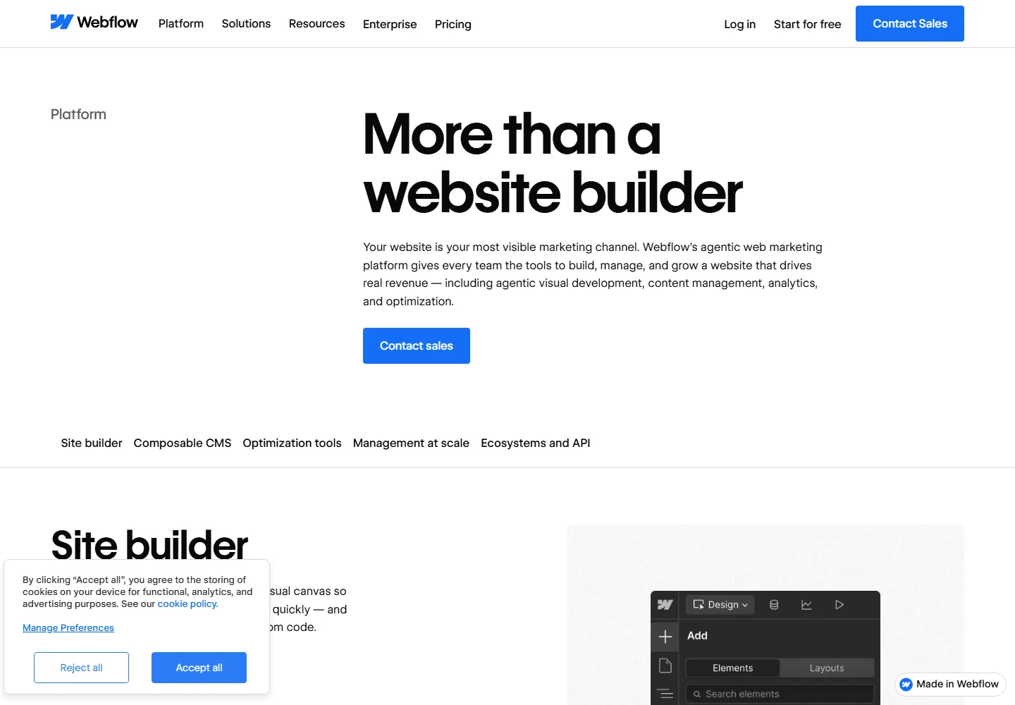 Webflow Optimize product page describing what the software does