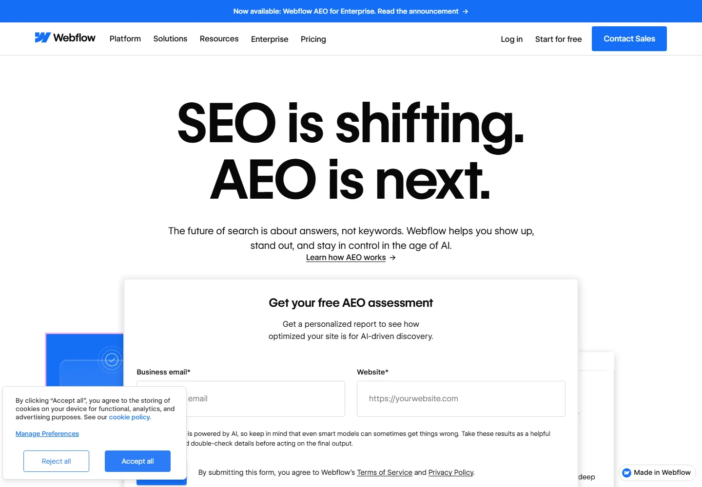 Webflow Optimize use case page covering the problems it targets