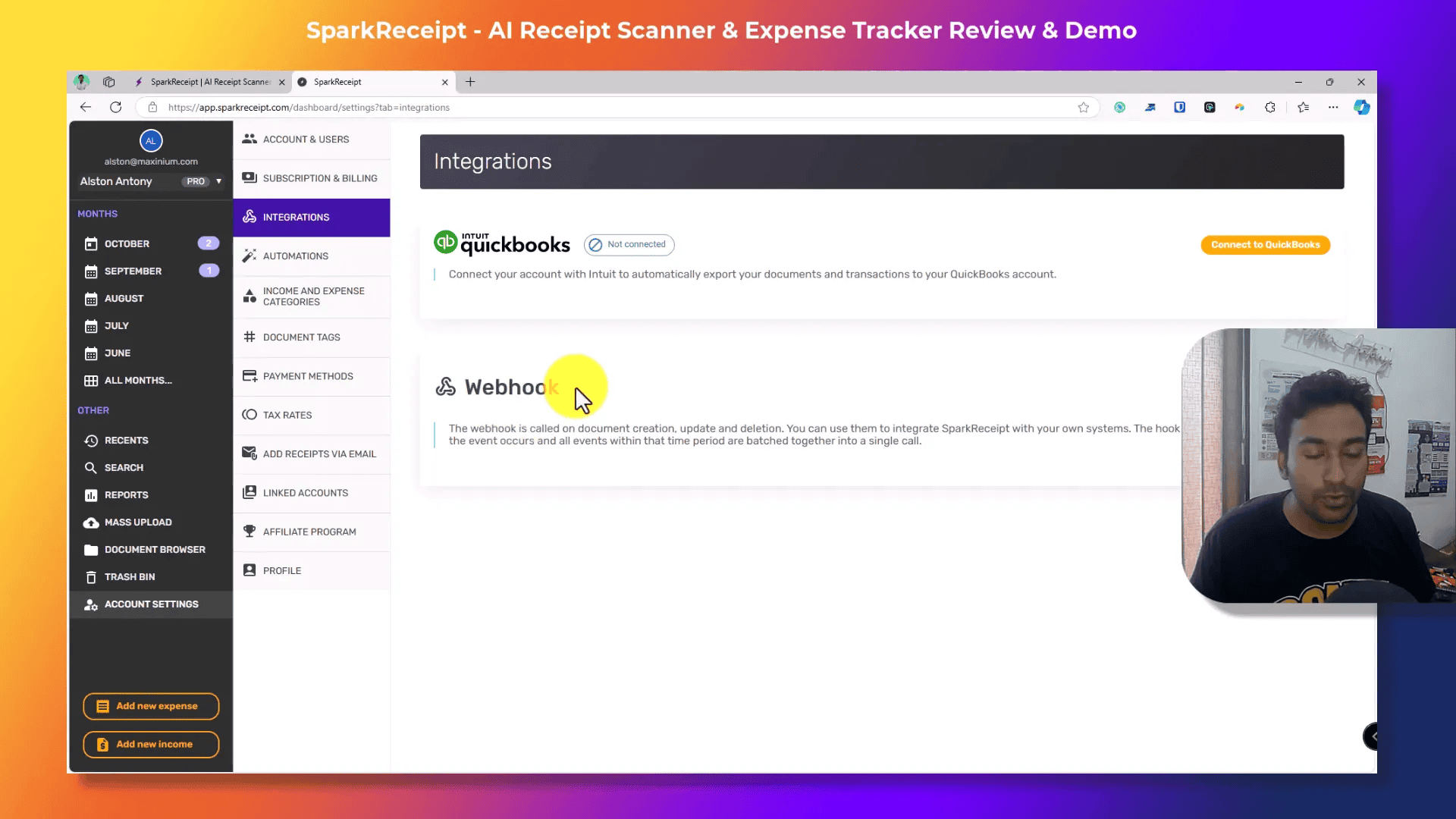 Integration options with QuickBooks and Webhook