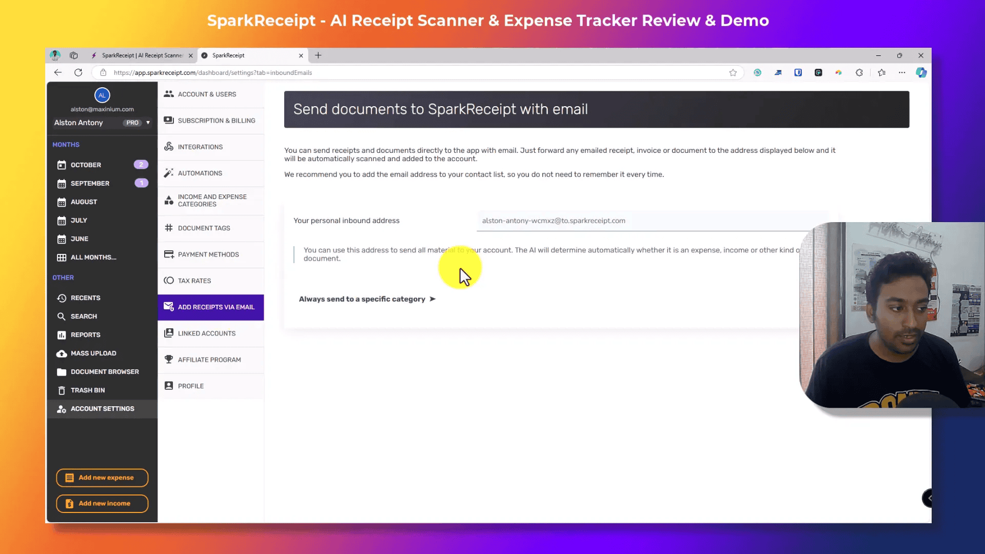 Adding receipts via email in SparkReceipt
