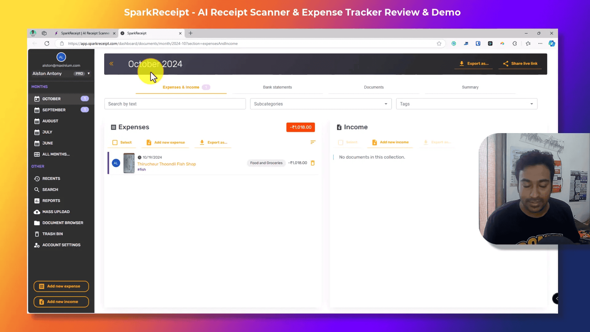 Demo of SparkReceipt interface