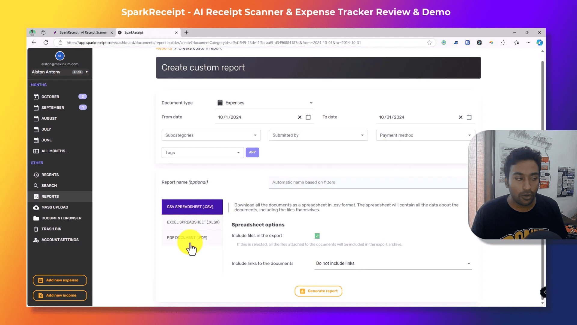 Creating reports and exporting data
