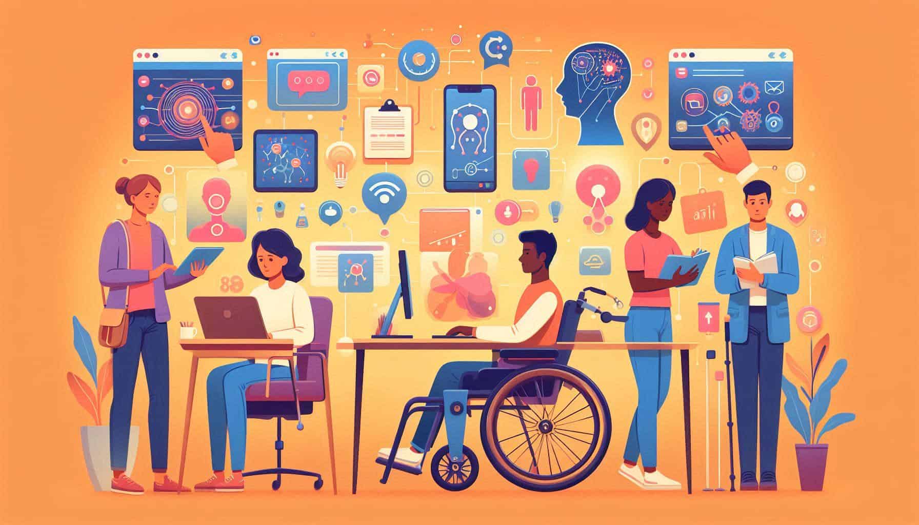 ai-diverse-research A diverse group of researchers with different tools (including a researcher using a wheelchair and another using assistive technology) collaboratively working with various AI research tools displayed on accessible interfaces. The image should convey inclusivity and show how AI tools are becoming more accessible. Style: Warm, inclusive illustration emphasizing diversity and accessibility.