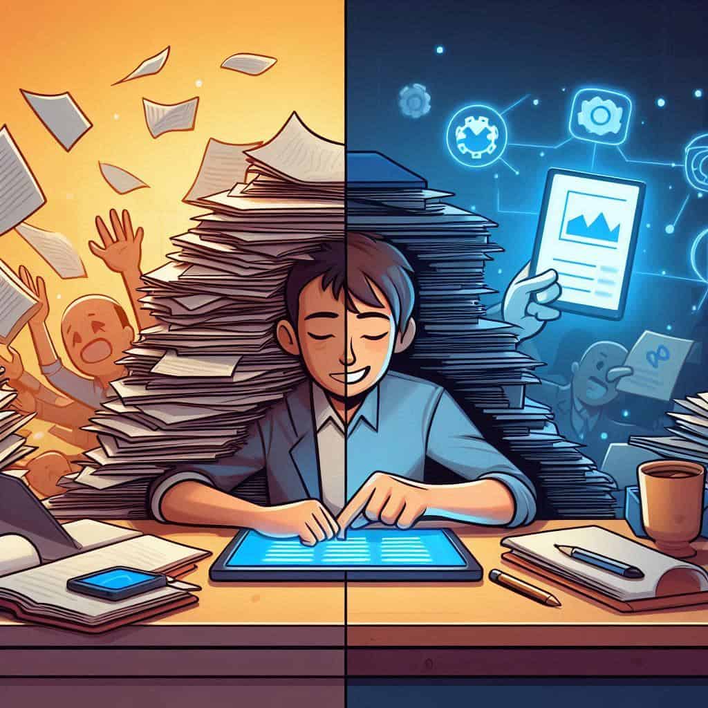 ai-for-research-before-after A split-screen comparison showing a frustrated researcher buried under stacks of papers and books on one side, and a relaxed happy researcher using a tablet with visualized AI abilities helping organize information on the other side. Style: Digital illustration with warm lighting and clear contrast between chaos and organization.