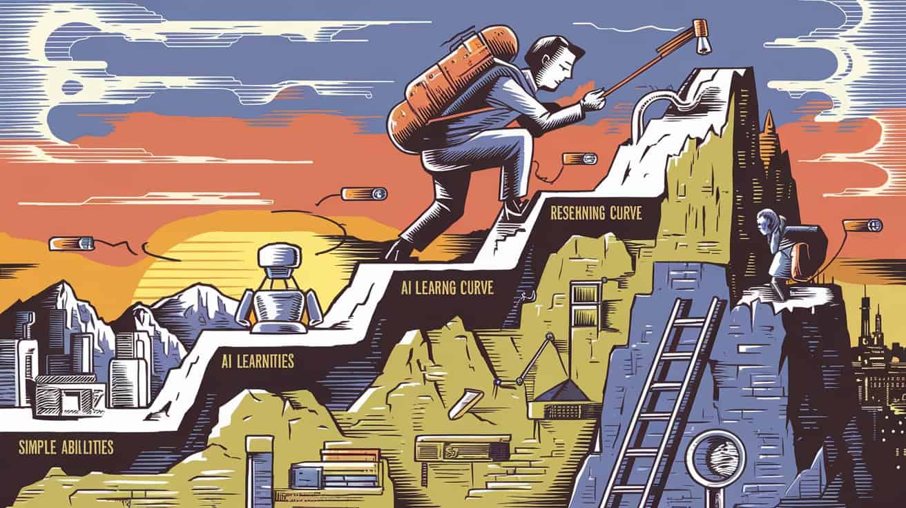 ai-learning-curve A researcher climbing up a steep mountain labeled "AI Learning Curve," with simple AI abilities at the bottom and advanced research capabilities at the top. The climber has a determined expression and is using various abilities to help their ascent. Style: Motivational illustration with depth and dimension.