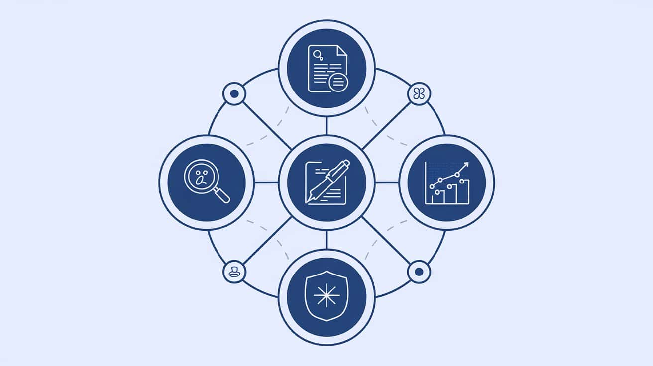 ai-research-abilities Five interconnected circular icons representing each category of AI research abilities, with small visual representations inside each circle (magnifying glass for search, document with highlighted text for summarization, pen for writing, graph for analysis, and shield for integrity)