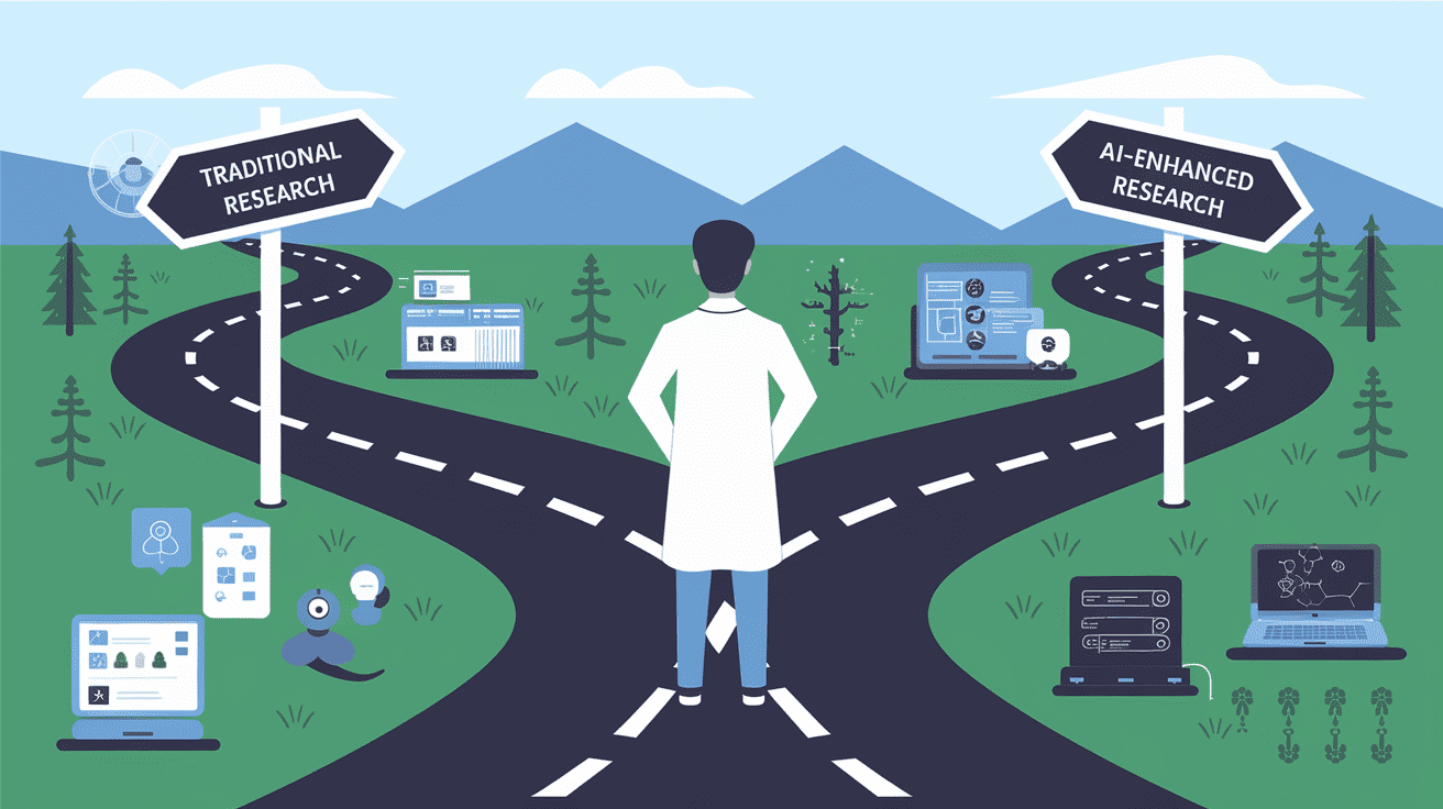 ai-research-path A researcher standing at a crossroads with signposts showing "Traditional Research Path" (looking long and winding) versus "AI-Enhanced Research" (showing a more direct route to a breakthrough). The AI path should have various AI abilities represented as helpful companions along the journey. Style: Conceptual illustration with metaphorical elements.