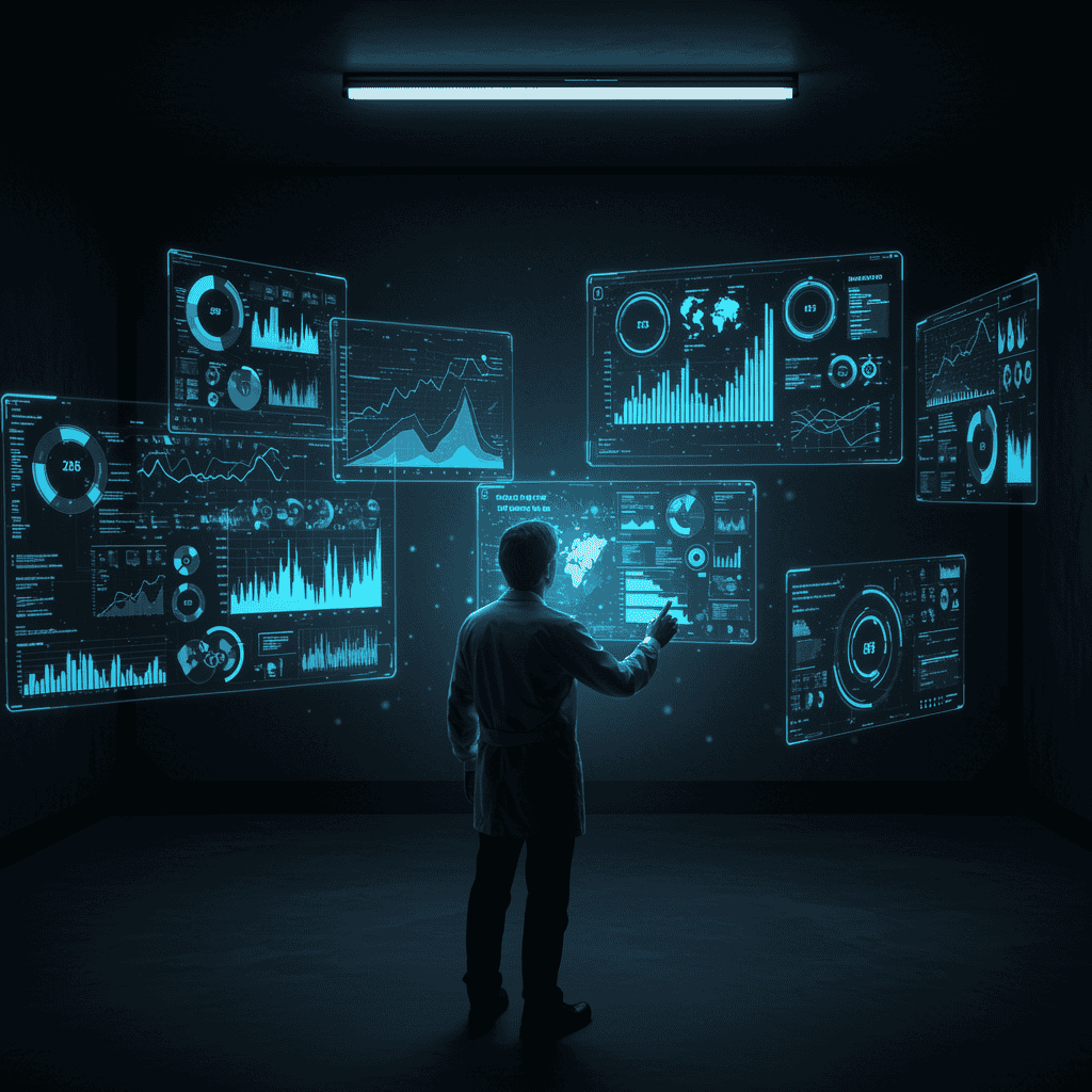 ai researcher researcher looking at multiple floating holographic screens showing various data visualizations, graphs, and insights being generated in real-time by AI. The visualization should show complex patterns being simplified through AI processing. Style: Futuristic with blue and purple holographic elements.